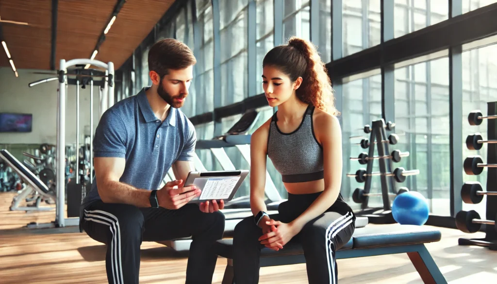 A personal trainer discussing a customized workout plan with a fit female client on a digital tablet inside a modern gym. The background includes workout equipment like dumbbells and treadmills.