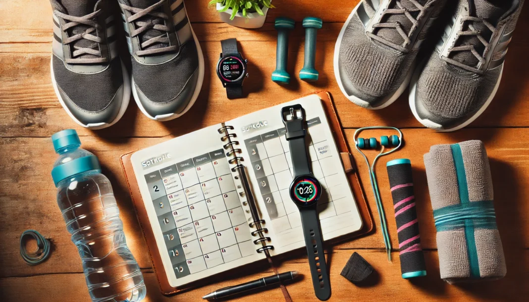 A flat lay of fitness planning essentials on a wooden table, featuring an open notebook with a workout schedule, a smartwatch displaying heart rate, a water bottle, resistance bands, and running shoes, emphasizing organization in fitness planning.