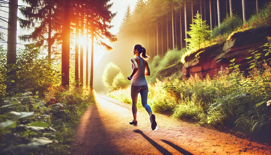 A fit woman running on a scenic outdoor trail, surrounded by nature, as she engages in cardio training for weight loss and endurance.