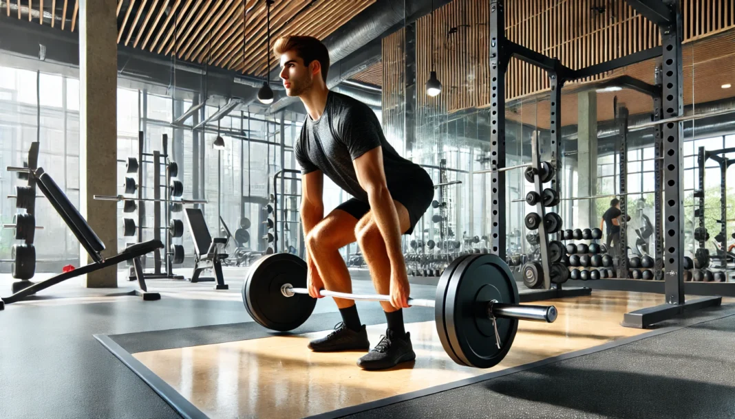 A person performing a deadlift in a modern gym, lifting a barbell with proper form while engaging core and leg muscles for a strength-based weight loss routine. The background features weight racks, gym mirrors, and a clean workout environment.