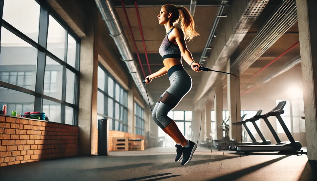 A woman performing jump rope exercises in a modern fitness studio, highlighting the effectiveness of high-intensity cardio for weight loss and full-body conditioning.