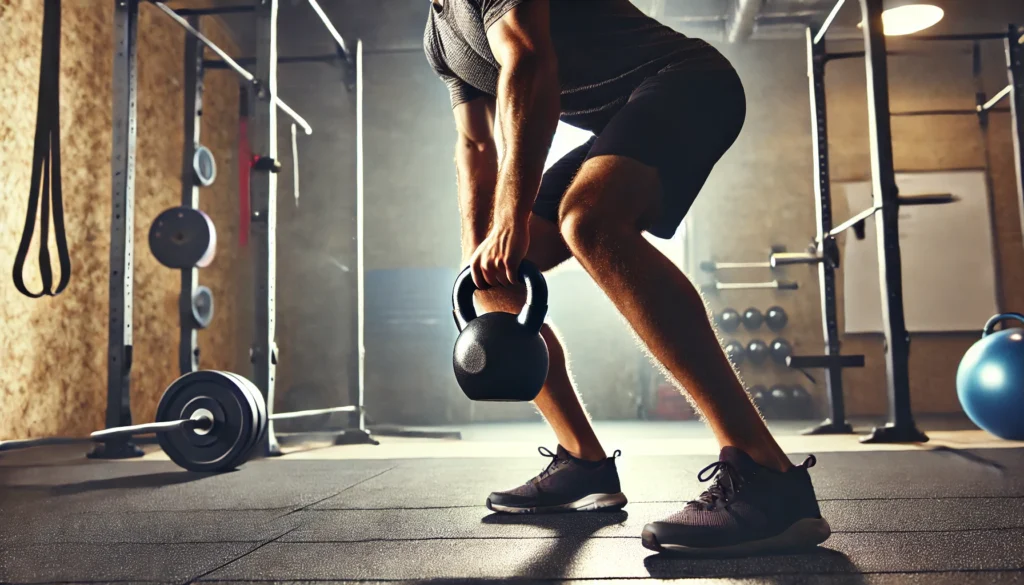 A person performing a kettlebell swing in a professional gym setting. They are using a kettlebell, engaging their core and lower body muscles in a dynamic movement to burn calories. The background includes gym equipment such as dumbbells, squat racks, and resistance bands.