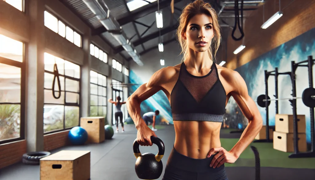 A determined woman executing kettlebell swings in a well-lit gym, emphasizing the role of strength training in fat loss and body sculpting.