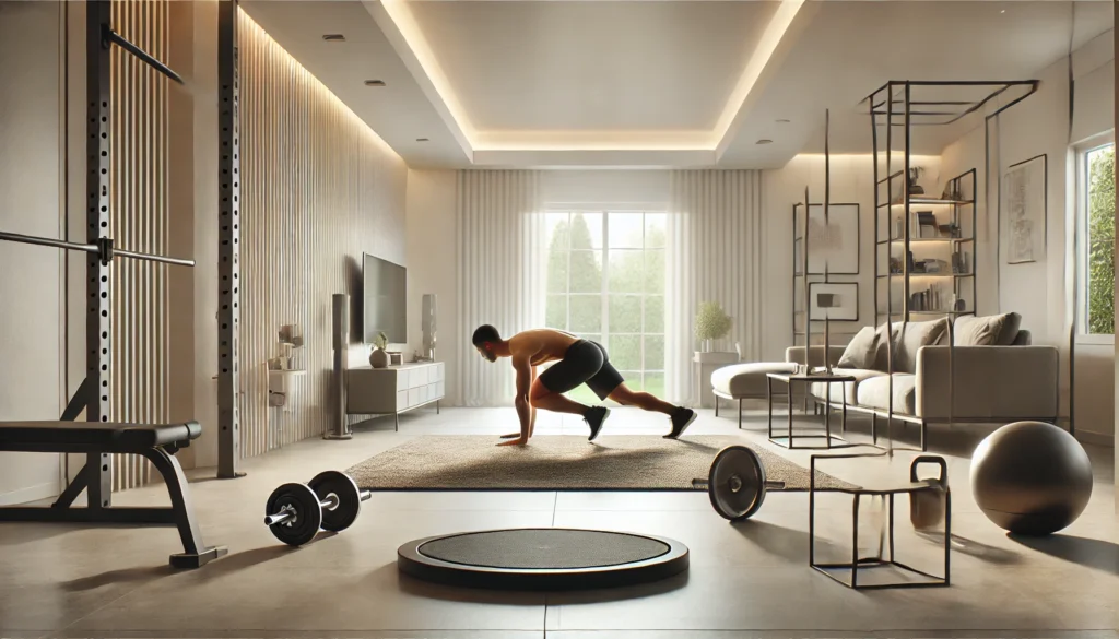 A modern home workout scene with a person engaging in a bodyweight strength routine, performing squats, push-ups, and burpees. The clean and minimalist environment represents an effective approach to fat loss and muscle building through home training.