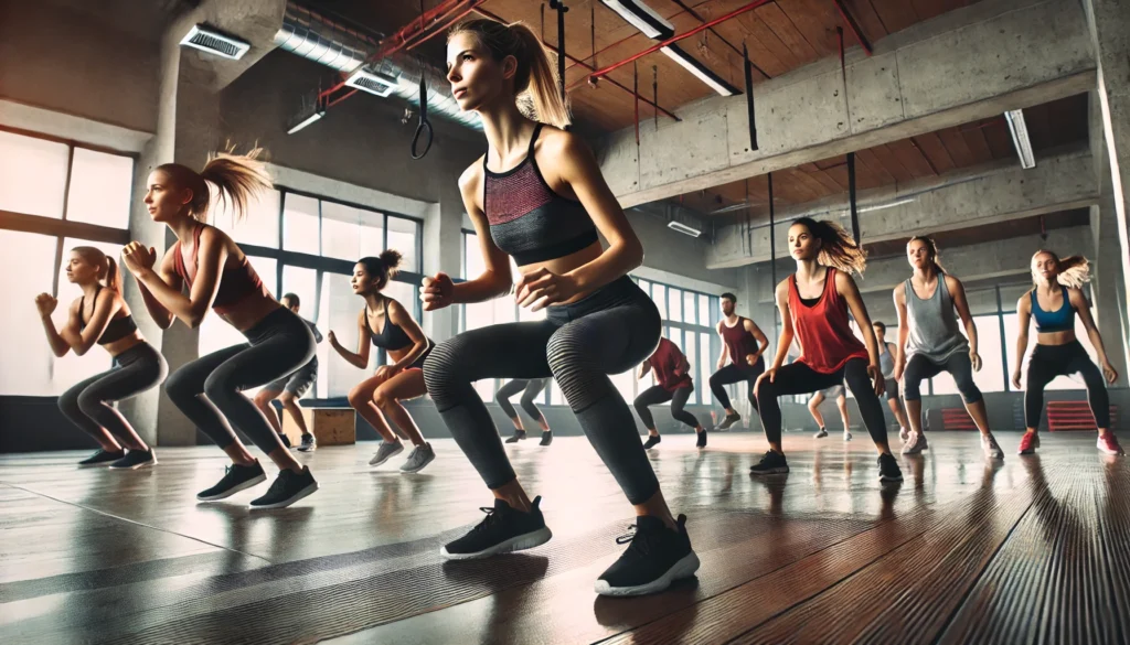 A dynamic group fitness class with women performing high-intensity interval training (HIIT) exercises like burpees and jump squats for maximum calorie burn and weight loss.