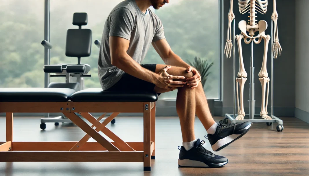 A person performing a seated knee extension exercise in a physical therapy clinic. Seated on a sturdy chair, they slowly extend one leg forward, straightening the knee while engaging the quadriceps. The background features a clean rehabilitation setting with therapy equipment.