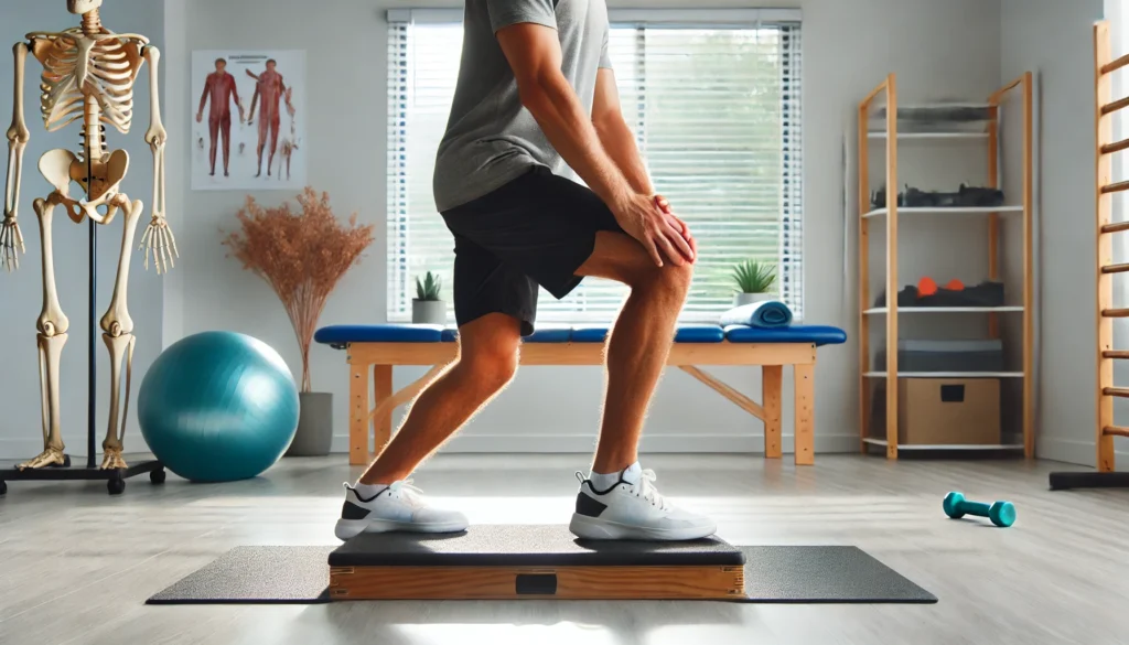 A person performing a standing knee bend exercise in a physical therapy setting. Holding onto a stable surface for support, they bend one knee, bringing the heel toward the glutes to enhance knee flexibility. The background features a bright rehabilitation space with exercise mats.
