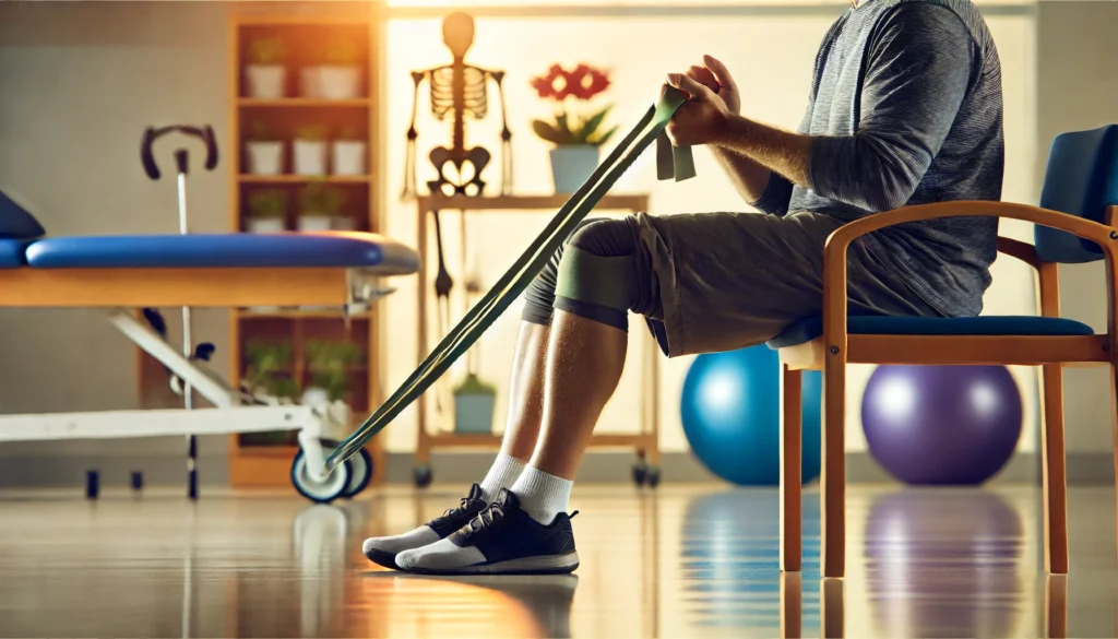 A person performing a seated knee flexion exercise using a resistance band in a rehabilitation center. Sitting on a chair, they loop a resistance band around their foot while gently pulling their heel backward to improve knee mobility. The background includes physical therapy equipment and a calm, well-lit space.