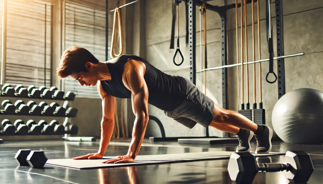 A person performing a plank exercise on a yoga mat in a well-lit fitness studio. The individual maintains a straight posture, engaging core and back muscles, with gym equipment like dumbbells and resistance bands in the background.