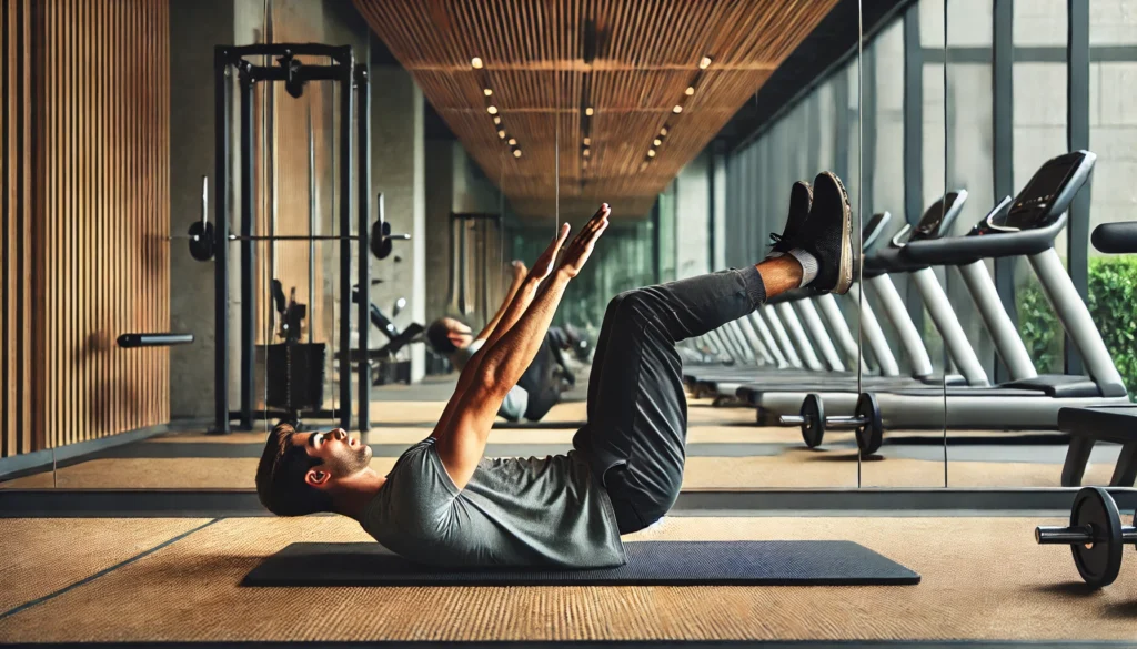 A person performing a dead bug exercise on a fitness mat in a modern gym. Lying on their back with arms and legs lifted, they extend one arm and the opposite leg simultaneously to strengthen their core. The background features mirrors and gym equipment.