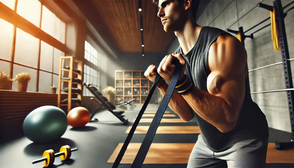 A close-up of a person using resistance bands for upper body mobility exercises in a fitness studio. The individual stretches the bands with controlled movements, engaging their shoulders and arms. The background features a well-organized space with mats, dumbbells, and stability balls.