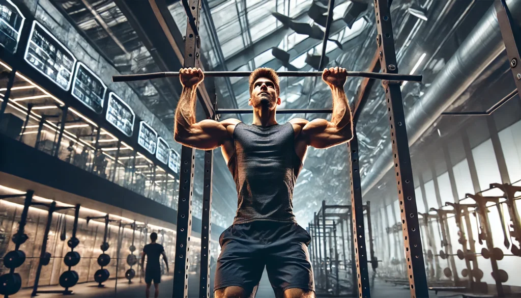 A muscular athlete performing weighted pull-ups in a high-performance gym. The image emphasizes upper body strength, endurance, and defined muscles.