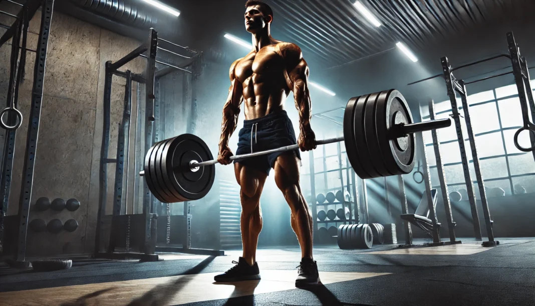 A powerful athlete lifting a heavy barbell in a professional gym setting. The dramatic lighting highlights muscular strength, endurance, and raw power.