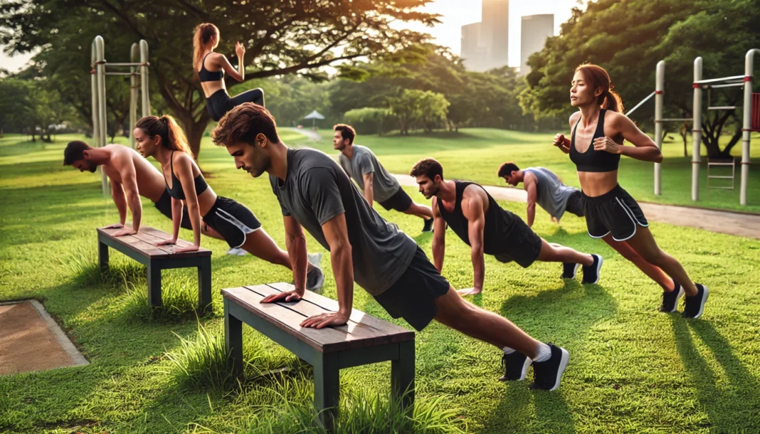 A group of fitness enthusiasts performing upper body bodyweight exercises in an outdoor park. They are engaged in push-ups, triceps dips on a bench, and pike push-ups. The setting includes lush green grass, trees, and an open sky, creating an energetic and refreshing atmosphere.