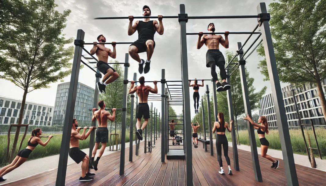 A group of athletes in an outdoor calisthenics park performing upper body bodyweight exercises, including pull-ups, dips, and push-ups. The park is equipped with modern workout structures, surrounded by trees and an open sky, creating a fresh and energetic atmosphere.