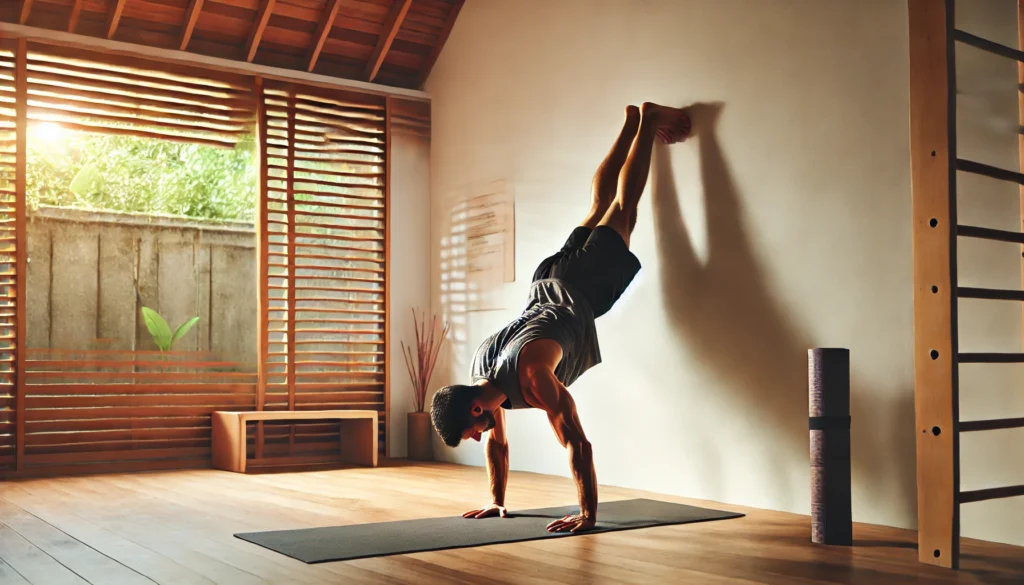 A fit individual performing handstand push-ups against a wall in a home workout space. The setting includes a yoga mat on a wooden floor with soft natural lighting. The person’s upper body muscles are visibly engaged, showcasing strength and endurance without equipment.
