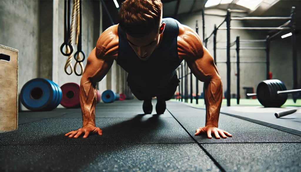 A close-up of a muscular athlete performing push-ups in a gym setting. The athlete’s arms and upper body muscles are visibly engaged, demonstrating strength and endurance. The gym features rubber flooring, weights, and resistance bands in the background.