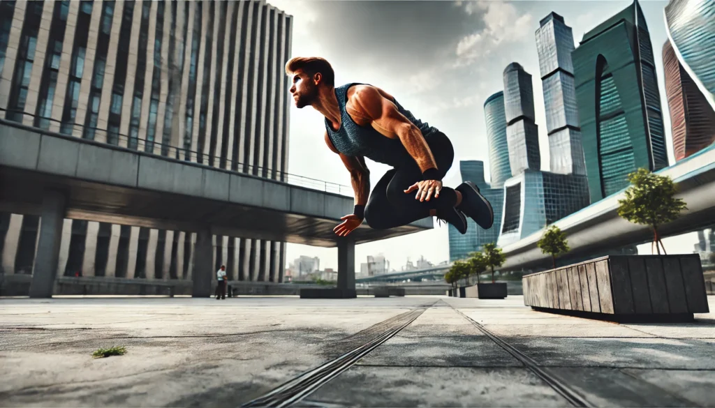 An athlete performing explosive plyometric push-ups in an urban outdoor setting. The person is mid-air, demonstrating power and upper body strength. The background features a cityscape with concrete ground and an open workout-friendly space, creating an intense and dynamic workout atmosphere.