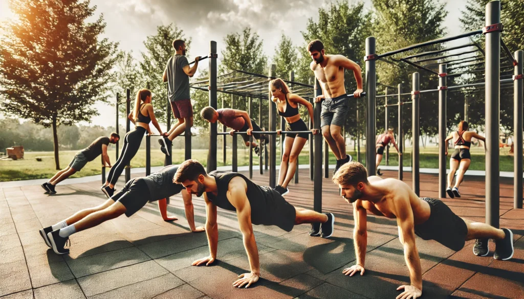 A group of athletes in a calisthenics park performing upper body bodyweight exercises, including push-ups, dips on parallel bars, and planks. The outdoor setting has modern workout structures, surrounded by trees and an open sky, creating an energetic and motivating atmosphere.