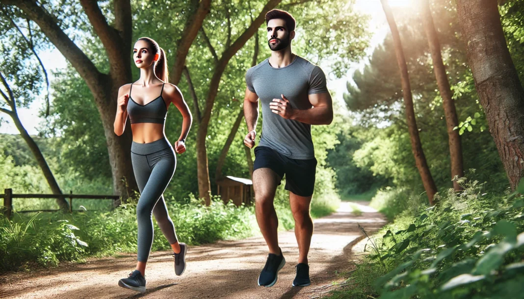 A fit man and woman jogging together on a scenic outdoor trail surrounded by lush greenery, showcasing running as an effective cardio workout for weight loss and endurance.