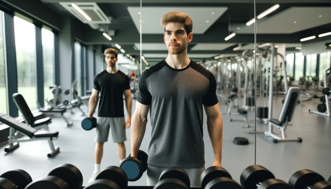 A beginner in a modern gym performing a simple dumbbell curl exercise. Standing confidently, they lift a dumbbell with proper form while observing themselves in a gym mirror. The background includes various workout machines, free weights, and a clean fitness environment.