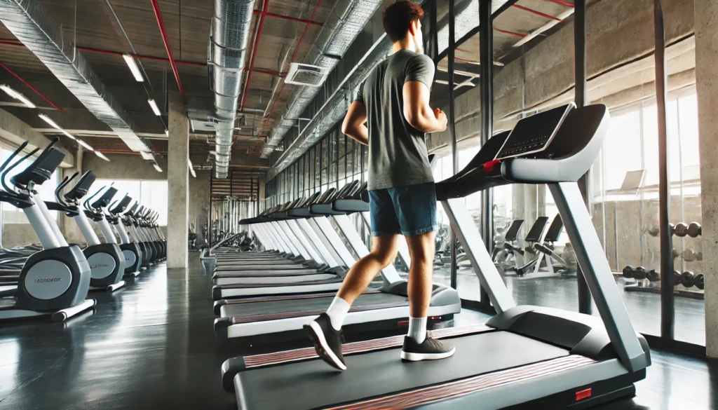 A person using a treadmill in a spacious gym, starting their fitness journey. Walking at a steady pace, they focus on their workout. The background features rows of cardio machines, gym mirrors, and a well-lit environment.