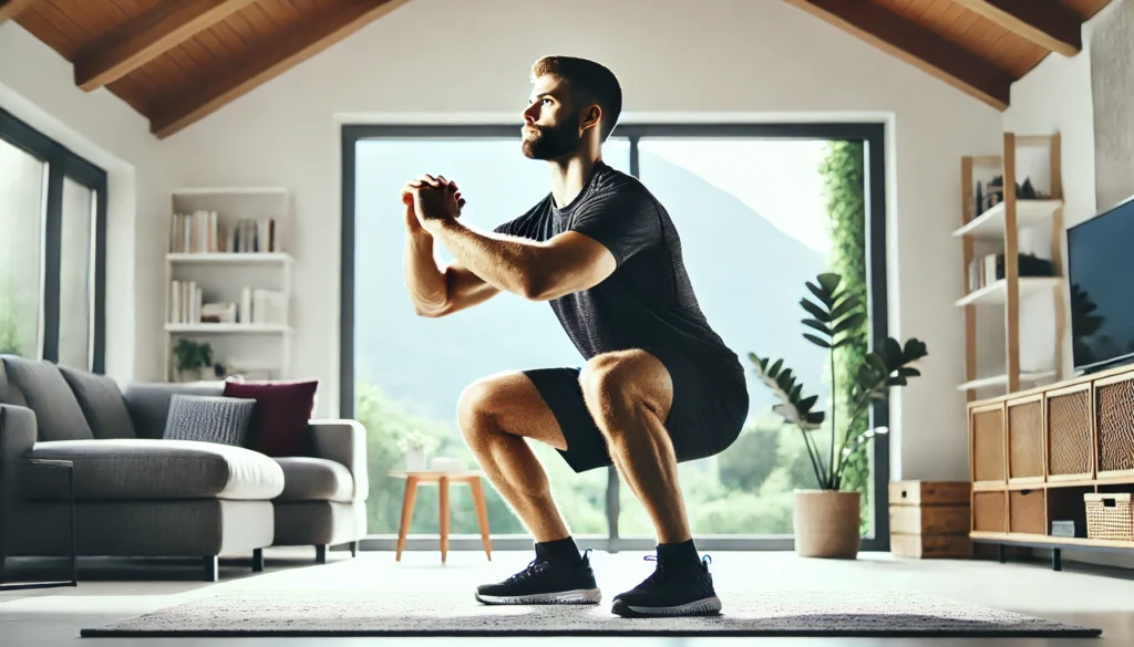 A strong athlete performing air squats in a minimalistic living room. The no-gear fitness routine focuses on lower body strength in a clean, clutter-free space.