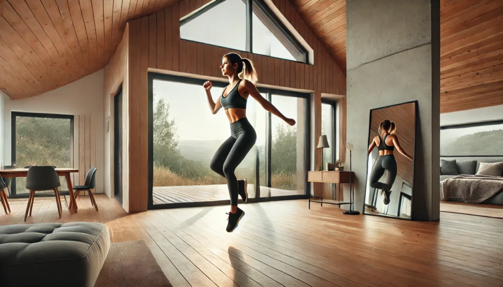 A woman in sportswear performing jumping jacks in a modern, minimalist home gym with a large mirror, wooden floors, and an open window showcasing a scenic outdoor view.