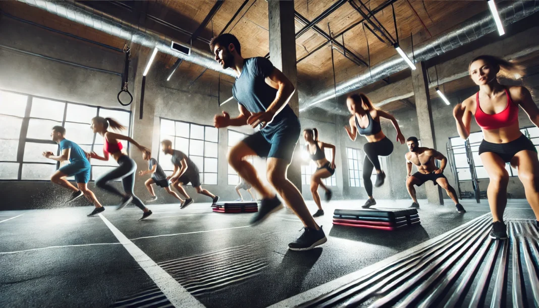 A high-intensity HIIT workout session in a modern gym, featuring a group of people performing explosive exercises like burpees, jump squats, and mountain climbers with visible sweat and motion blur.