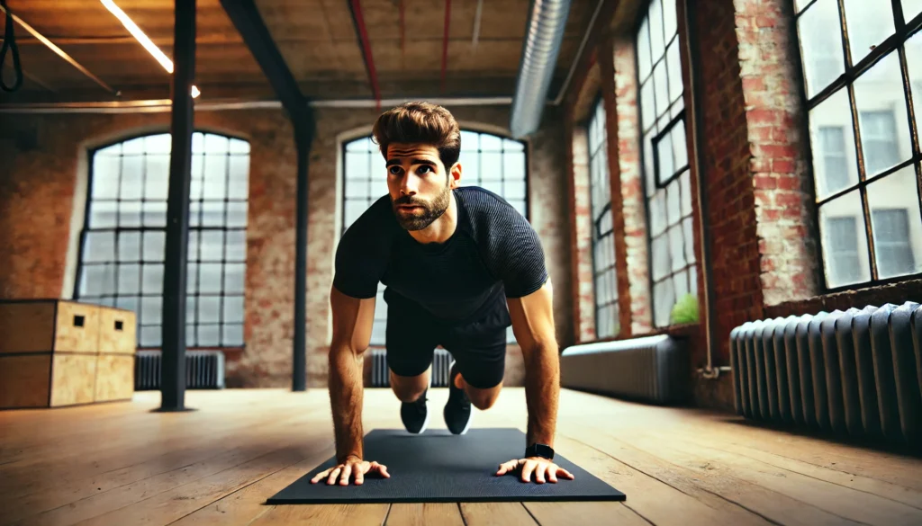 A muscular man doing mountain climbers on a yoga mat inside an urban loft with exposed brick walls, large windows, and wooden flooring. His focused expression highlights the intensity of the workout.