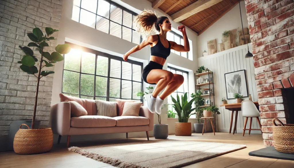 A young athletic woman executing an explosive squat jump mid-air in a bright, modern living room with a soft rug, indoor plants, and a large window allowing natural light to flood in.
