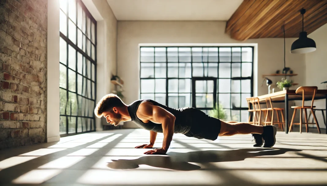 A fit athlete performing a bodyweight push-up in a bright and modern home environment. The scene highlights strength and endurance without using any equipment.