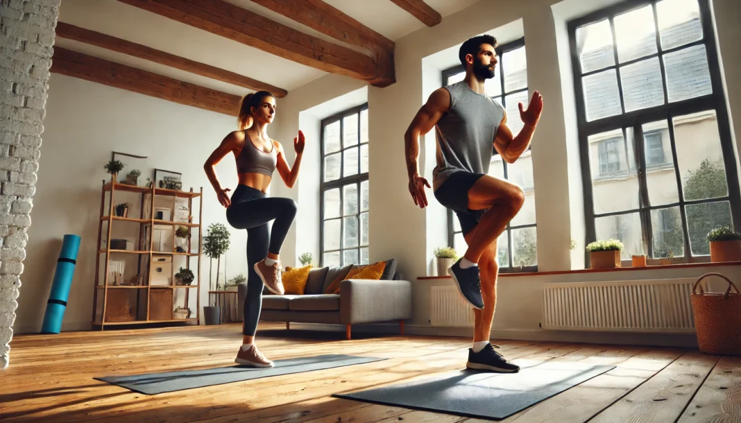 A fit man and woman performing high-knee running in place inside a spacious, well-lit living room with wooden flooring and a large window. They appear energetic and determined, dressed in comfortable workout attire.