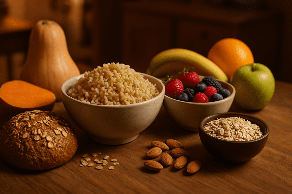 A warm-toned photograph features a rustic wooden table indoors, illuminated by ambient lighting and topped with nutrient-dense carbohydrate foods including brown rice, mixed berries, sweet potatoes, whole grain bread, and assorted fruits. This visually rich setting emphasizes clean eating and healthy carb choices for weight management and balanced energy.