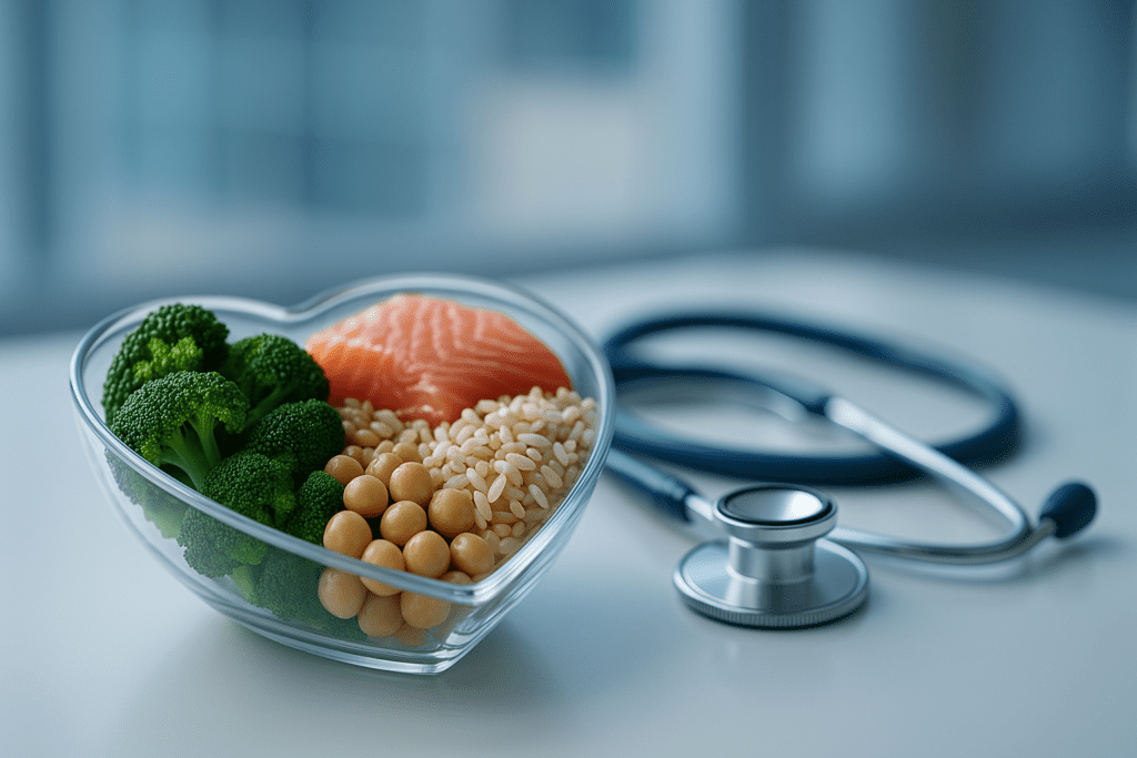  A heart-shaped glass dish filled with vibrant, nutrient-dense foods sits on a sterile white surface, subtly accompanied by a blurred stethoscope in a clinical setting. Cool clinical lighting and soft daylight emphasize the connection between nutrition, cardiovascular health, and longevity.