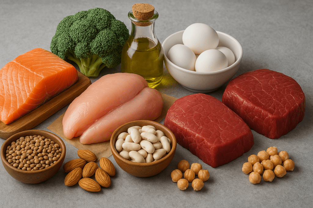 A high-resolution digital photograph displays lean protein sources arranged on a textured gray surface, including salmon, chicken breast, lean beef, eggs, lentils, white beans, chickpeas, nuts, broccoli, and olive oil. The composition visually emphasizes the role of protein in a balanced macronutrient distribution according to AMDR guidelines.






