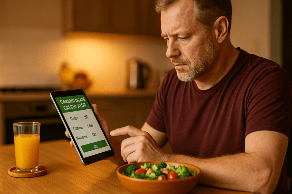 A middle-aged man sits at a wooden kitchen table under warm ambient lighting, using a carbohydrate calculator app on his tablet beside a healthy meal. The cozy indoor setting reflects a smart, intentional approach to nutrition tracking for sustainable weight loss.