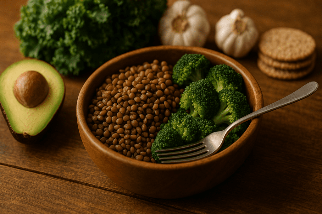 A close-up image of a wooden bowl filled with cooked brown lentils, broccoli, and half an avocado, surrounded by fresh kale and garlic. Warm indoor ambient lighting accentuates the fiber-rich, low-calorie foods ideal for gut health and weight management.