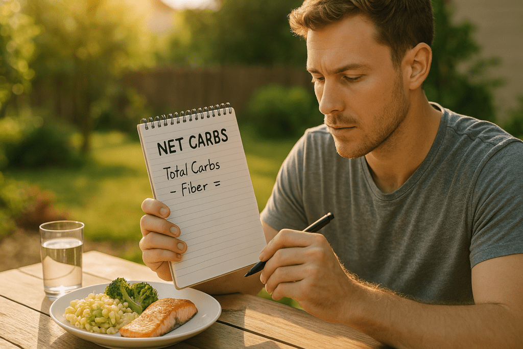 A young man sits at a wooden table in soft natural morning light, calculating net carbohydrates in a notebook while his balanced meal of salmon, broccoli, and pasta rests nearby. The serene garden background and focus on healthy eating reflect the importance of planning carbs per meal for balanced nutrition.