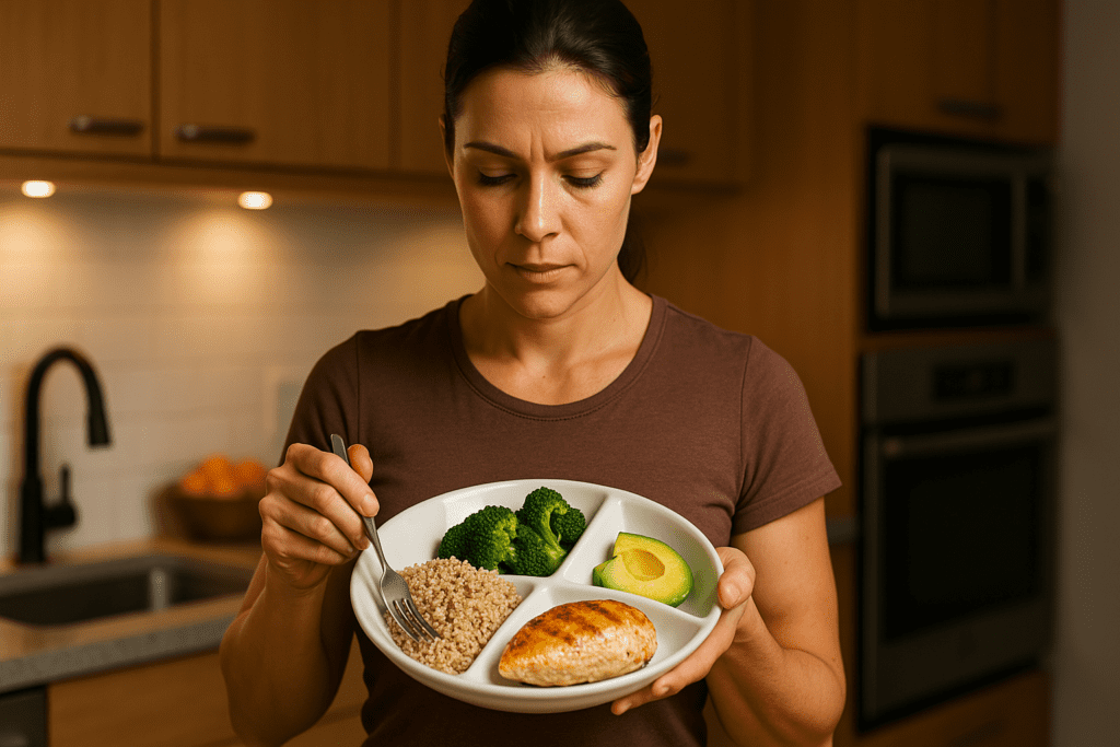 A woman with light skin and dark hair tied in a neat bun stands in a warmly lit kitchen holding a ceramic plate filled with sections of broccoli, quinoa, chicken breast, and avocado. The modern kitchen features wooden cabinets, sleek stainless steel accents, and a dark sink, with balanced lighting highlighting the woman's focused expression.


