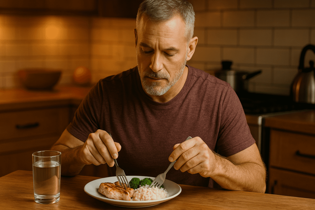 A fit young man sits at a rustic outdoor table under soft natural morning light, eating a balanced high-protein meal of chicken, rice, and broccoli. The serene backyard setting enhances the focus on optimizing nutrition for muscle gain and longevity.