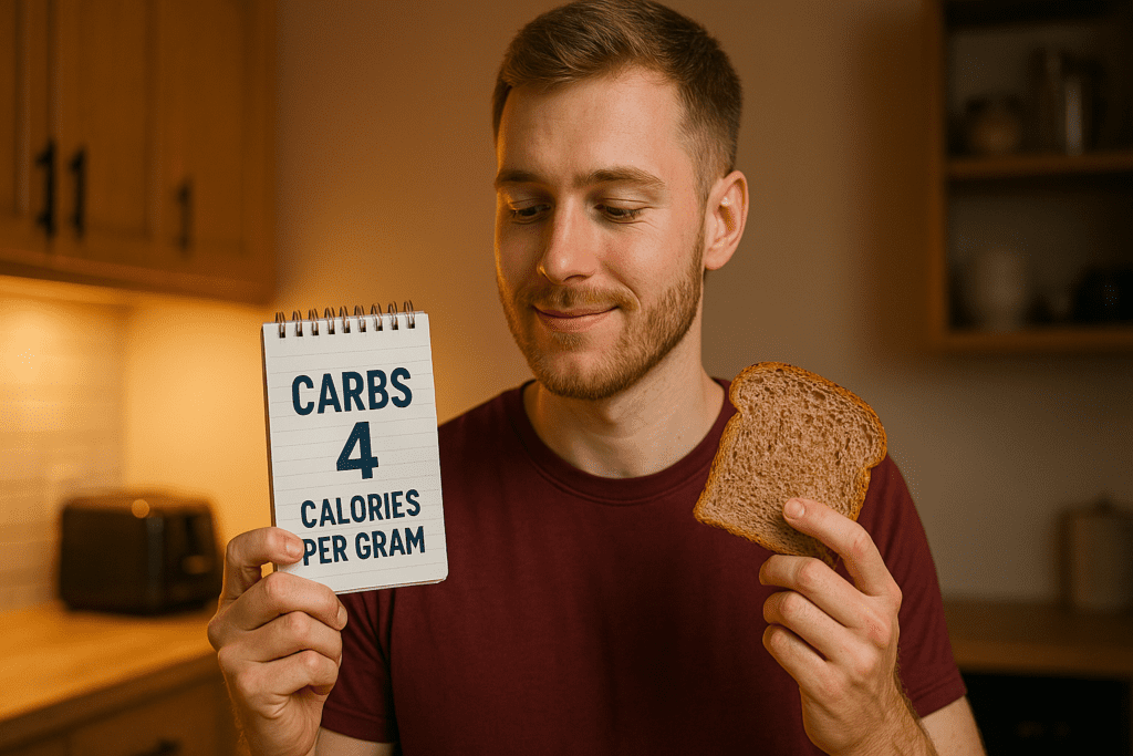 A young man thoughtfully holds a slice of whole wheat bread and a notepad in a cozy kitchen, with warm lighting accentuating his focused expression. The image subtly conveys a connection between everyday nutrition and understanding food's caloric content.