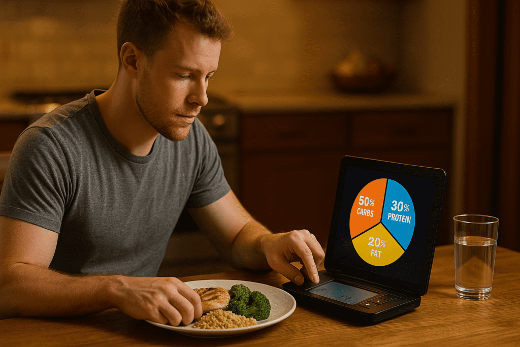 A young man sits in a warmly lit kitchen, measuring his meal with a digital food scale that displays macronutrient data. The balanced plate of chicken, broccoli, and quinoa reflects a structured approach to macro tracking for weight loss and long-term health.