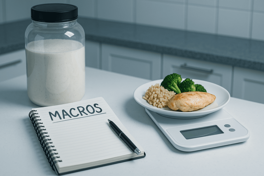 A digital photograph features tools for tracking macronutrients in a sleek, modern kitchen with cool clinical lighting. Centered on a counter are a labeled "MACROS" notebook, a food scale with a measured meal, and a protein powder jar—symbolizing precision-based nutrition for long-term health.