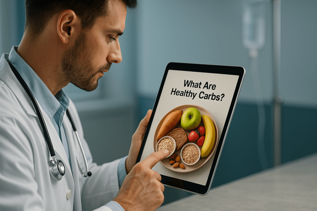 A high-resolution digital photograph captures a medical professional in his 30s reviewing healthy carbohydrate options on a tablet in a brightly lit clinical space. With cool lighting and a focused expression, he examines images of whole foods like fruits, sweet potatoes, and grains—highlighting a science-backed approach to nutrition and optimal health.
