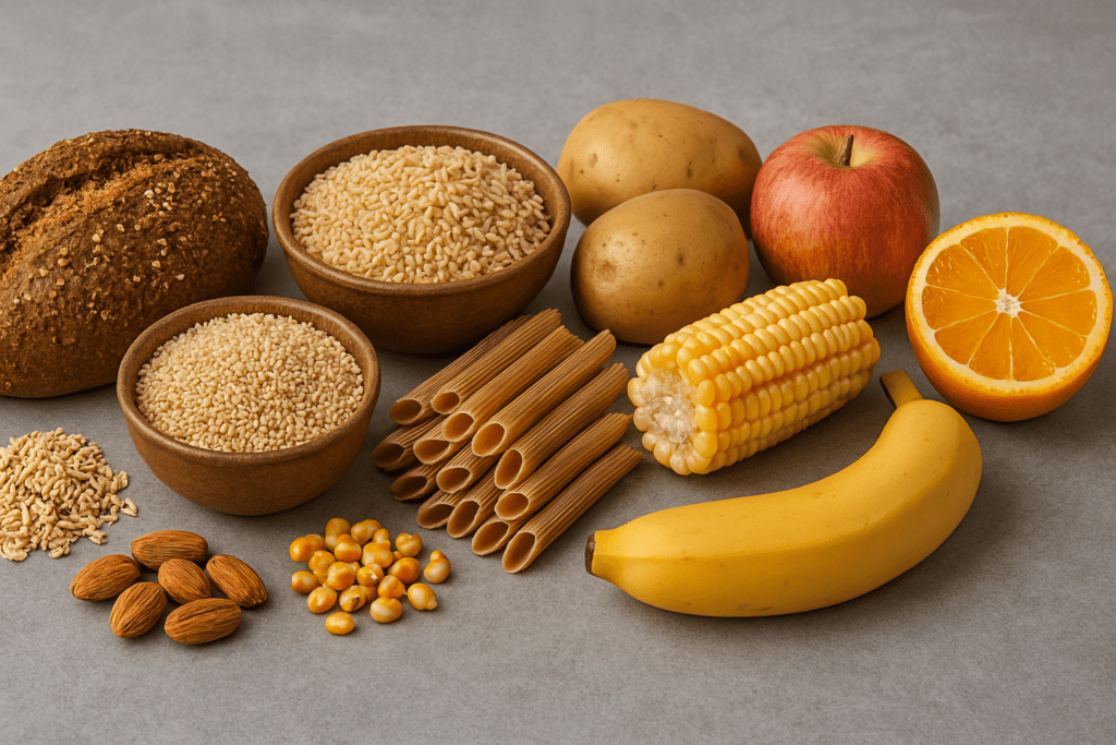 A high-resolution digital photograph displays an assortment of carbohydrate-rich foods on a textured gray background, featuring whole grain bread, brown rice, oats, whole wheat pasta, potatoes, corn, quinoa, and fresh fruits like banana, apple, and orange. The composition highlights the diversity of complex carbs in a balanced AMDR-based diet.






