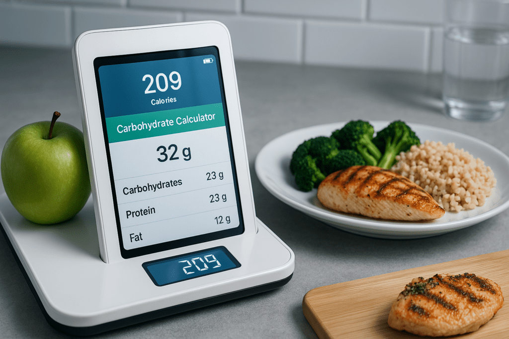 A digital kitchen scale with a carbohydrate calculator display sits on a modern countertop beside a healthy meal and a green apple, under cool clinical lighting. The scene conveys precision and clarity in tracking calories and macronutrients for effective weight loss.