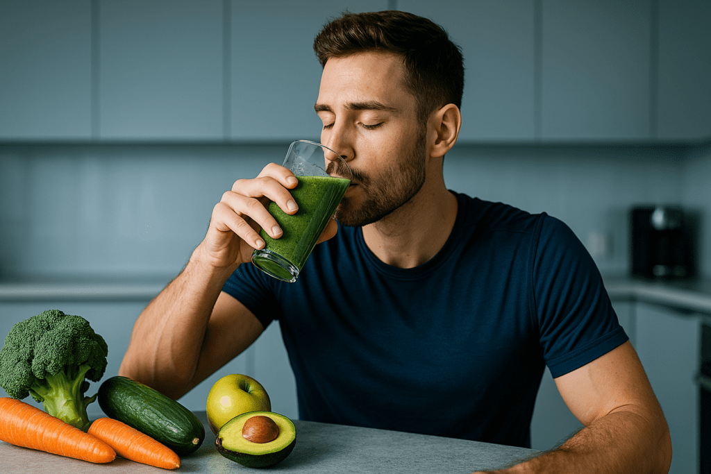 A fit young man drinks a green smoothie in a minimalist, modern kitchen lit with cool clinical lighting. The counter is adorned with fresh, high-fiber produce like broccoli, carrots, and apples, visually emphasizing low-calorie nutrition for gut health and longevity.