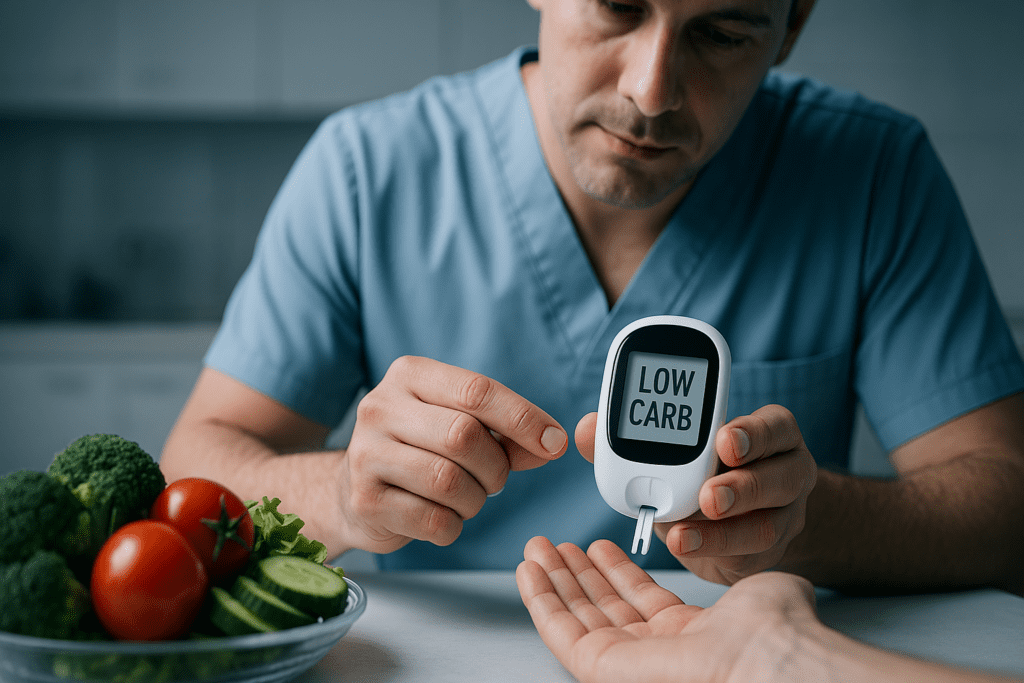A healthcare professional in a blue uniform checks a glucometer that displays a “LOW CARB” reading, with a subtle foreground of leafy greens and a clinical background. The cool lighting and medical context highlight the scientific connection between carb monitoring, blood sugar levels, and metabolic health.