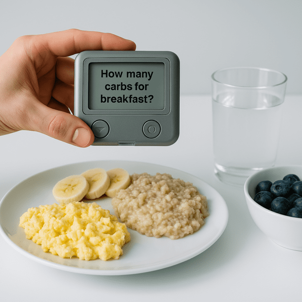 A high-resolution photograph depicts a hand holding a blood glucose meter above a clean breakfast plate with scrambled eggs, oatmeal, banana slices, and blueberries. The cool clinical lighting and minimalist kitchen setting underscore the role of carbohydrate awareness in optimizing blood sugar and metabolism.
